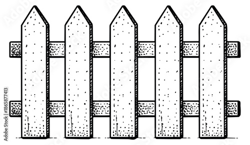 Hand drawn line art illustration of a picket fence depicting a classic wooden barrier for a garden or property boundary