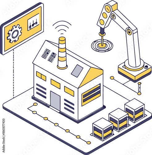 Modern industry isometric vector icon set including factory buildings, machines, workers, energy systems, transport, and safety equipment.