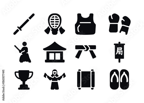 Kendo Icon Set. Kendo. Solid icon set of Kendo: bamboo sword, helmet, armor, gloves, stance, dojo, belt, flag, trophy, referee, scroll, sandals. Filled icons