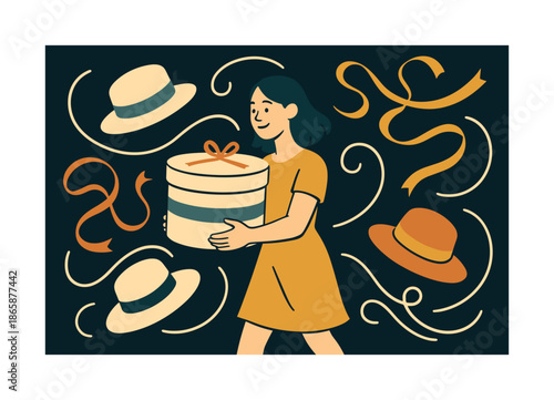 Whimsical Hatbox Delight. Hatbox accessories. Model lifting a vintage hatbox; ribbons and hats floating around playfully. Curved lines adding swirl and flair.