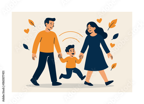 Family Stroll Harmony. Joyful walk together. A couple walking hand in hand with their child skipping ahead; floating leaves and hearts in the breeze. Arcs