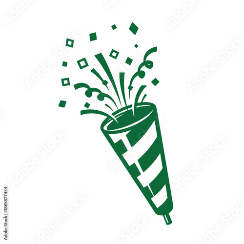 Green party popper with confetti and ribbons exploding in celebration  festive decorative element