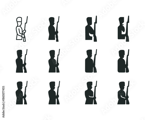 Honor Guard Icons. Honor guard line. Icon set. Set Logo of honor guard line: standing soldier silhouette. harmonious logo variations of the same emblematic
