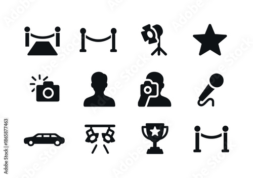 Iconic Red Carpet. Red carpet entrance. Solid icon set of Red carpet entrance: red carpet, velvet rope, spotlight, star, camera flash, celebrity silhouette,