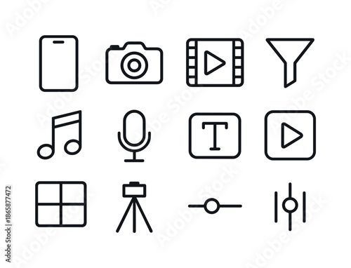 Content Creation Icons. Content creation tools. Line icon set of content creation tools: smartphone, camera icon, video editor, filter icon, music note,