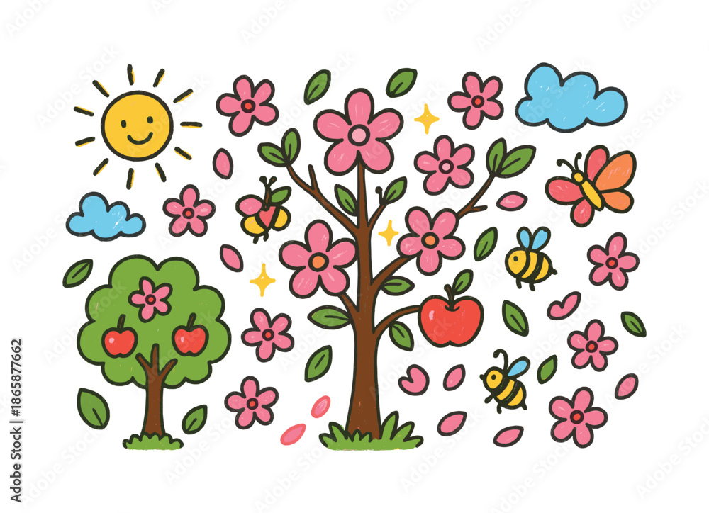 Obraz premium Fruit Tree Blossoms. Fruit Tree Blossoms. Colorful Hand-drawn doodle Children illustration Fruit Tree Blossoms pink flowers, bees, butterflies, branches,