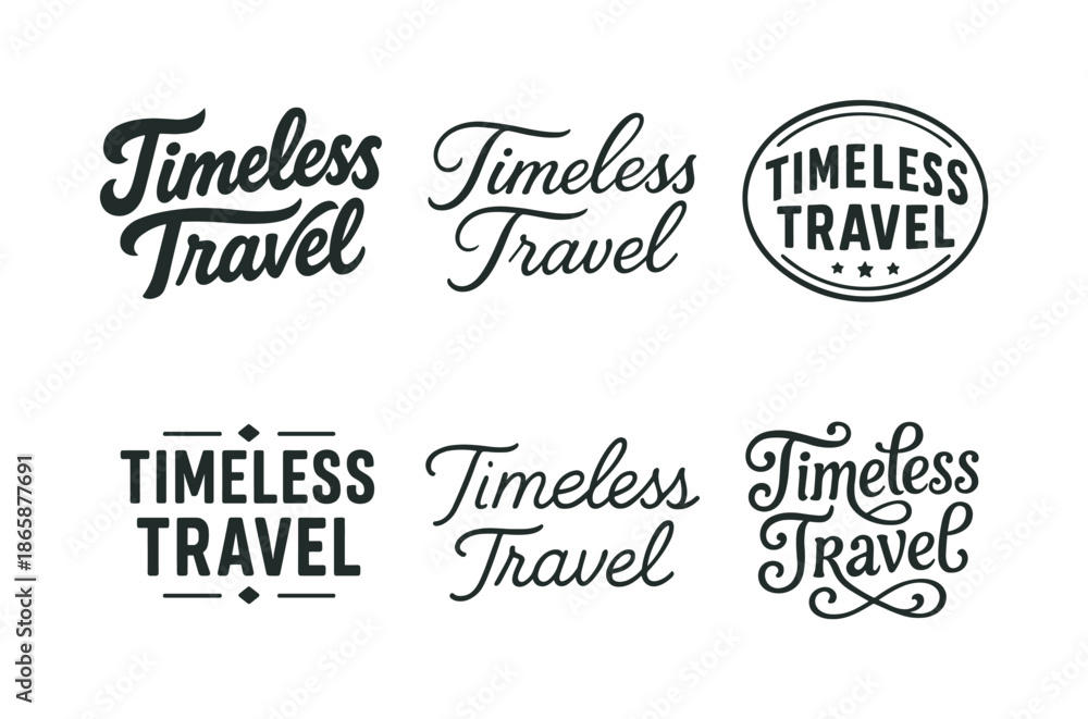 Fototapeta premium Creative Lettering Designs. Timeless travel captures. Set lettering. harmonious lettering variations of the same emblematic concept, each with different