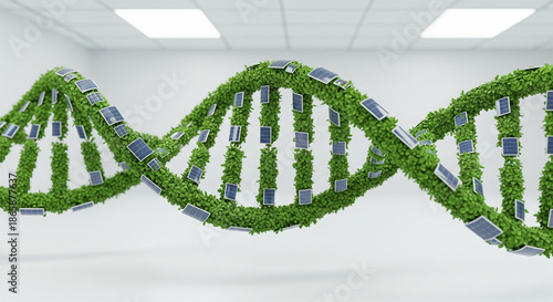 DNA of Green Energy: An artistic representation of a DNA helix, intricately interwoven with solar panels and lush greenery, symbolizing the fusion of life and sustainable energy.