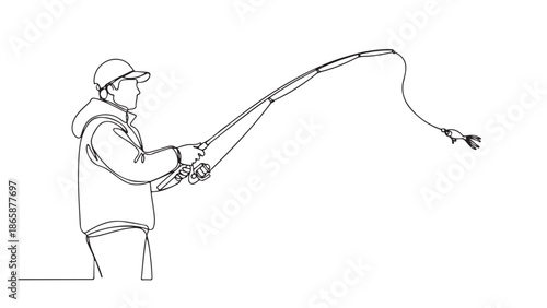 Single continuous line art illustration of a fisherman standing and holding a fishing rod, depicting the relaxing and popular outdoor hobby