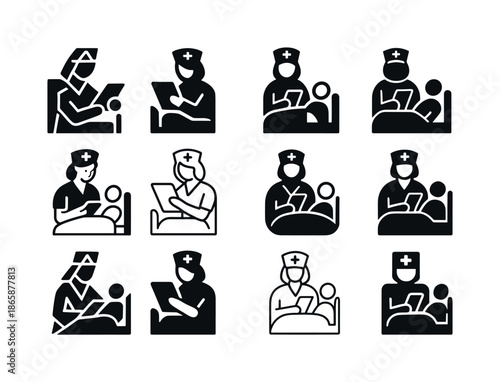 Nurse Care Icon Set. Nurses Caring for Patients in Hospitals. Icon set. Set Logo of Nurses Caring for Patients in Hospitals: nurse reviewing patient chart on