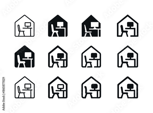 Remote Work Icons. Remote work revolution post-pandemic. Icon set. Set Logo of Remote work revolution post-pandemic: home office desk. harmonious