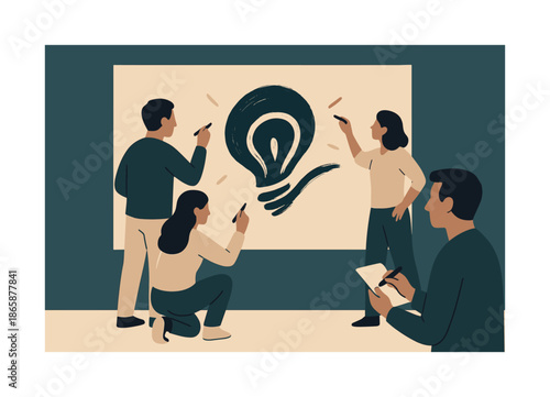 Collaborative Vision Sketching. Co-creation moment. Team members sketching on a large shared board; brushstroke sparks forming a collective vision. Gentle