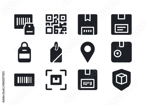 Parcel Identification Icons. Parcel identification. Solid icon set of parcel identification: barcode, QR code, tracking number, ID label, name tag, route tag,