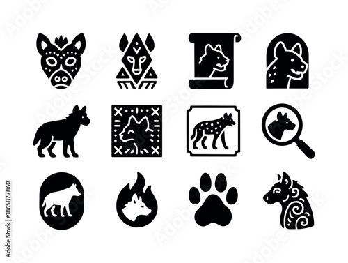 Hyena Cultural Icons. Hyenas in culture. Solid icon set of Hyenas in culture: folklore mask, tribal symbol, story scroll, myth icon, character silhouette,