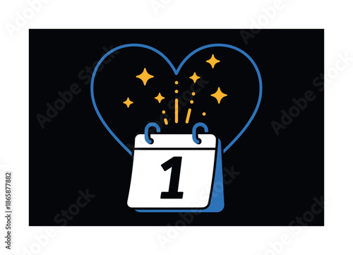 Pulsing Heart Calendar. giant heart outline pulses behind a calendar card marked ??; stars drift upward like rising excitement. Modern flat-line