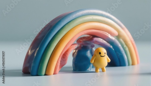 Pastel rainbow arches over a blue object and smiling yellow figure
