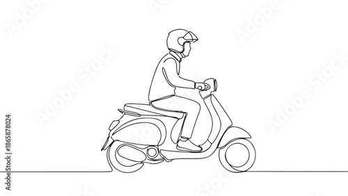 A continuous line drawing of a person riding a vintage scooter, showcasing a simplistic and artistic representation of urban travel and personal mobility