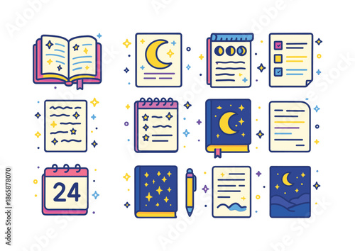 Moon Journal Icons. Moon Journal. Colorful isometric vector icons set of Moon Journal: open journal, moon drawing, phase tracker, handwritten notes, star