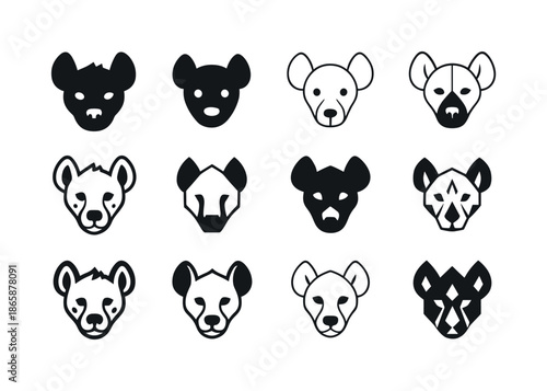 Hyena Logo Set. Hyenas. Icon set. Set Logo of hyenas: hyena snout mark. harmonious logo variations of the same emblematic concept, each with different artistic