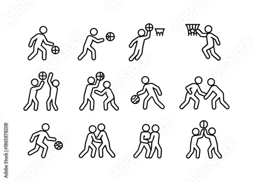 Basketball Line Icons. Basketball actions. Line icon set of basketball actions: dribble, pass, shoot, dunk, rebound, block, steal, crossover, layup, screen,