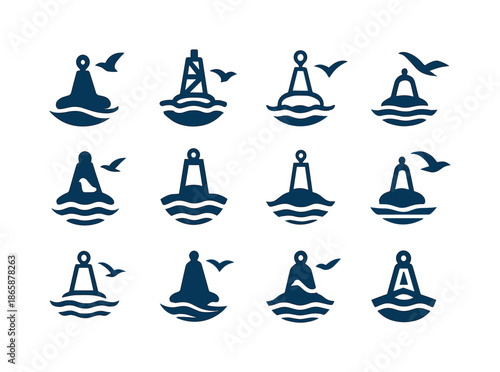 Floating Buoy Logos. Buoy floating. Icon set. Set Logo of buoy floating: buoy with seagull silhouette. harmonious logo variations of the same emblematic