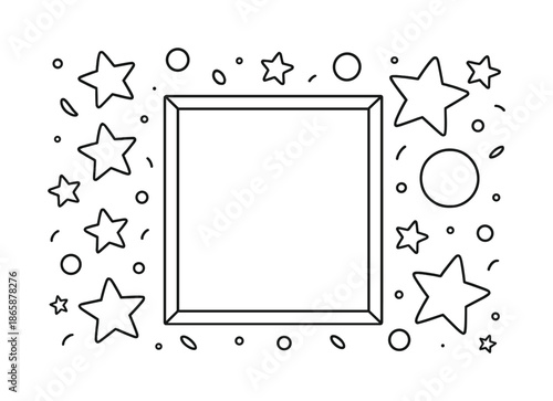 Children's Coloring Poster. Movie poster design children?s coloring book illustration, outlined drawing, a big blank poster frame with fun shapes like stars