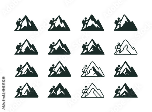 Mountain Climber Logos. mountain climbers. Icon set. Set Logo of mountain climbers: mountain ridge. harmonious logo variations of the same emblematic concept,