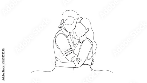 Minimalist continuous line art illustration of a loving couple embracing, symbolizing connection and togetherness