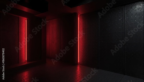 Interior dark space with vertical red lights on textured walls