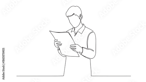 Continuous line drawing of a man reading a document or newspaper, minimalist vector illustration