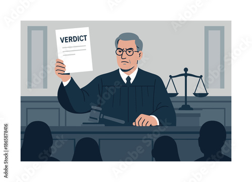 Judge Announces Verdict. Verdict announcement. With a firm yet composed expression, the judge lifts the verdict document toward the gallery. A balance of