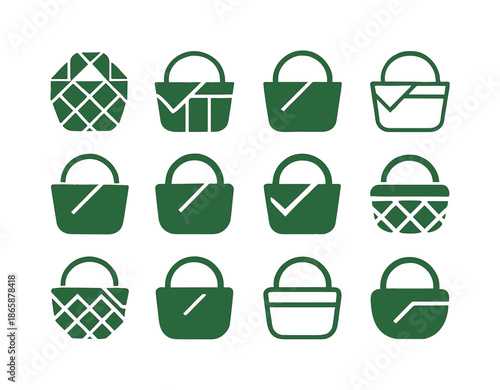 June Picnic Icons. June picnic in the park. Icon set. Set Logo of June picnic in the park: picnic basket handle detail. harmonious logo variations of the same