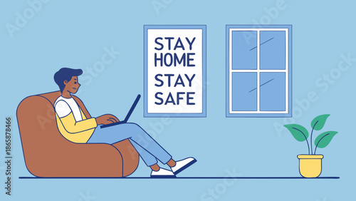 Flat vector illustration of a young man sitting relaxed on a brown sofa at home, using a laptop on his lap. Modern interior with blue wall background, grey floor, small green potted plant beside the c