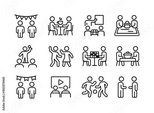 Social Event Icons. Social events. Line icon set of Social events: party, coffee meet, workshop, picnic, concert, dance, game night, potluck, festival, movie