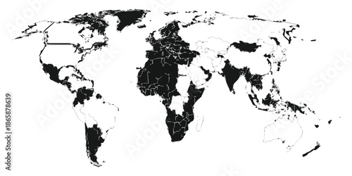 A black and white world map showing geopolitical divisions and data distribution