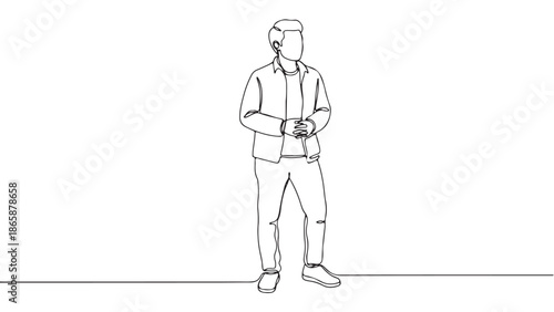 Continuous one-line drawing of a young man standing with hands clasped, portraying attentive listening or casual presentation posture. Simple modern graphic art