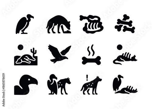 Scavenger Icon Set. Scavengers. Solid icon set of Scavengers: vulture icon, hyena scavenging, carrion symbol, bone pile, desert carrion, search flight, scent