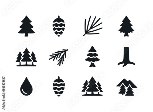 Spruce Icon Collection. Spruce. Solid icon set of Spruce: spruce tree, pinecone, needle cluster, tree silhouette, forest grove, evergreen branch, snow-covered