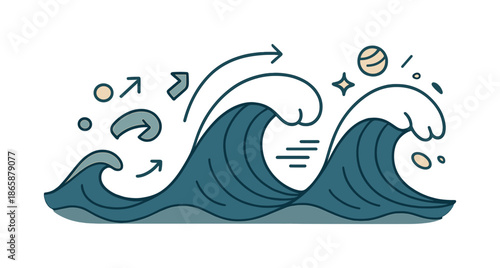 Dynamic Wave Evolution. Wave formation. A sequence of vector waves shows their growth from ripple to crash, each layer blending smoothly into the next. Flow,