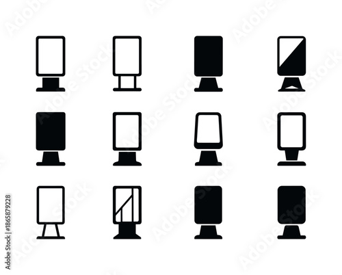 Digital Signage Logos. Digital signage. Icon set. Set Logo of digital signage: vertical display stand. harmonious logo variations of the same emblematic