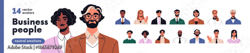 Business people avatars set. Head portraits of employees, office workers, entrepreneurs for user profiles. Male and female professionals in suits. Flat vector illustration isolated on white background