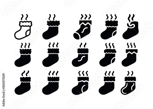 Fuzzy Socks Icons. Fuzzy Socks. Icon set. Set Logo of fuzzy socks: warm foot warmth swirl. harmonious logo variations of the same emblematic concept, each with