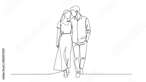 Continuous Line Drawing of a Couple Walking Together Representing Love and Companionship