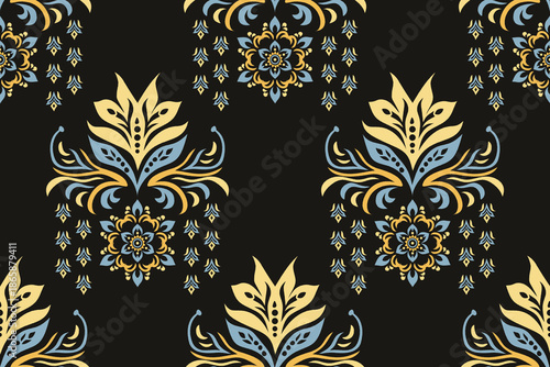 Ikat floral paisley embroidery seamless pattern on background. Ikat ethnic flower oriental pattern traditional. Aztec style abstract vector illustration. design for ikat floral fashion fabric,clothing