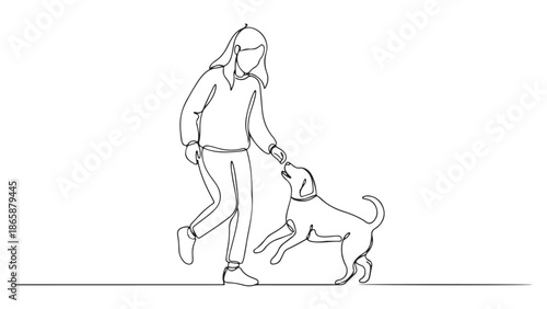 Continuous line art illustration of a happy woman playing with her pet dog, depicting a heartwarming interaction in a minimalist graphic style