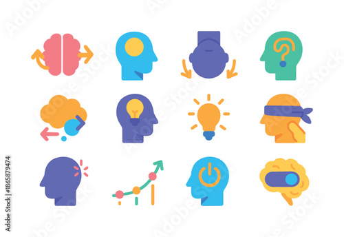 Mindset Shift Icons. Mindset change. Colorful flat vector icons set of mindset change: brain shift arrows, open mind symbol, perspective flip, new thinking