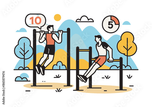 Outdoor Fitness Vibes. Outdoor Gym Station. A set of outdoor equipment?pull-up bars, dip frames?occupied by minimal figures in strong poses, with floating