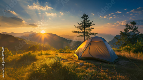 Camping tent high in the mountains. tourist tent camping in mountains at sunset