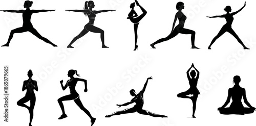 A black modern silhouette of a female yoga instructor in warrior pose encapsulates the essence of wellness, fitness, and mindfulness