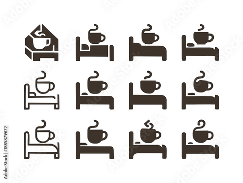 Warm Cup Icons. A warm cup of tea or milk by the bedside. Icon set. Set Logo of a warm cup of tea or milk by the bedside: steam swirl motif. harmonious logo